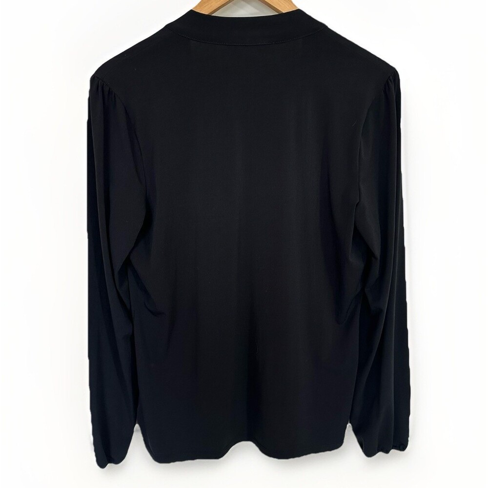 Michael Kors Women’s Black Tie Neck Blouse L Gold Hardware Stretch V Neck - Picture 3 of 8